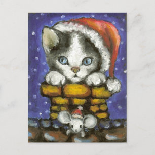 Christmas cat and mouse holiday postcard
