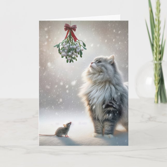 Christmas Cat and Mouse Under Mistletoe Holiday Card (Front)