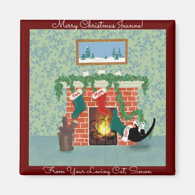Christmas Cat and Stocking Funny Personalised Magnet (Front)
