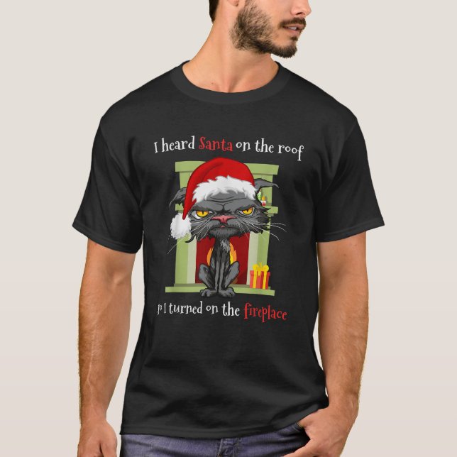 Christmas Cat Anti Santa Hat Bored Cat Humour Xmas T-Shirt (Front)