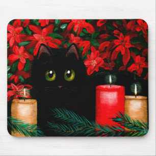 Christmas Cat Art Poinsettias Black Cat Mouse Pad
