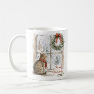 Christmas Cat at Window with Wreath Coffee Mug