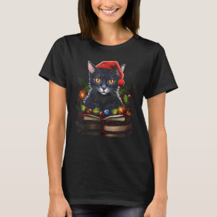 Christmas Cat Book Lover Reader Librarian Xmas Lig T-Shirt