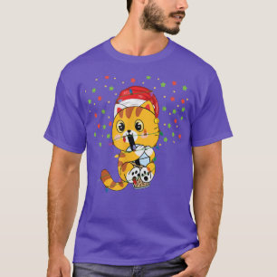 Christmas Cat Bubble Tea Anime With Santa Hat Xmas T-Shirt