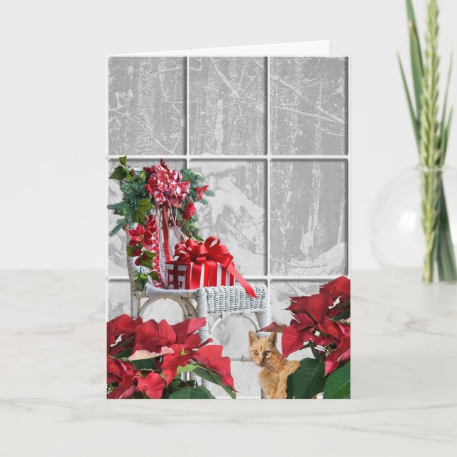 Christmas Cat by chair and window Holiday Card (Front)