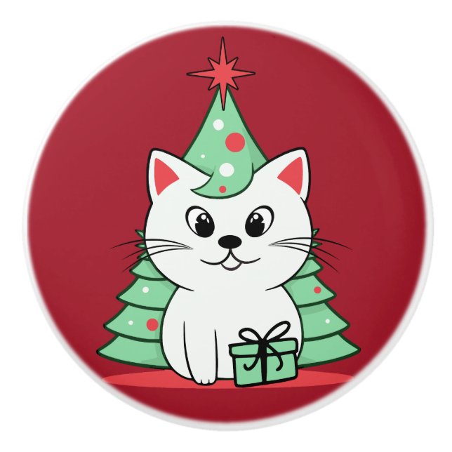 Christmas cat ceramic knob (Front)