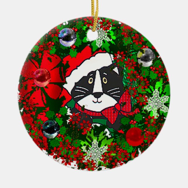 Christmas Cat Ceramic Ornament (Front)