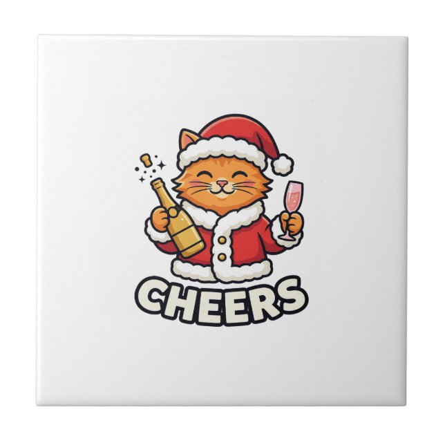 Christmas Cat Cheers Vector Design Ceramic Tile (Front)