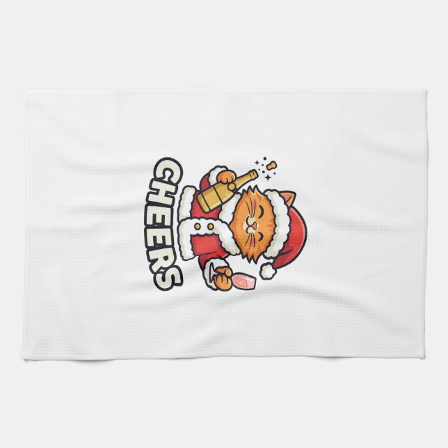 Christmas Cat Cheers Vector Design Tea Towel (Horizontal)
