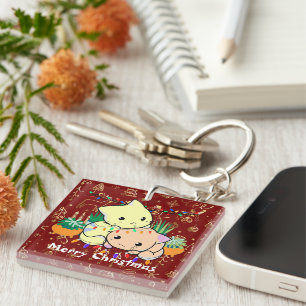 christmas cat cute, customise personalised text key ring