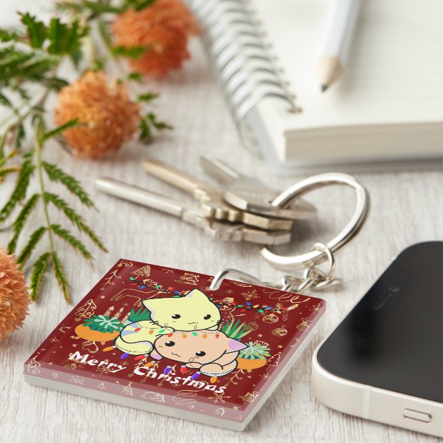 christmas cat cute, customise personalised text key ring (Front Right)