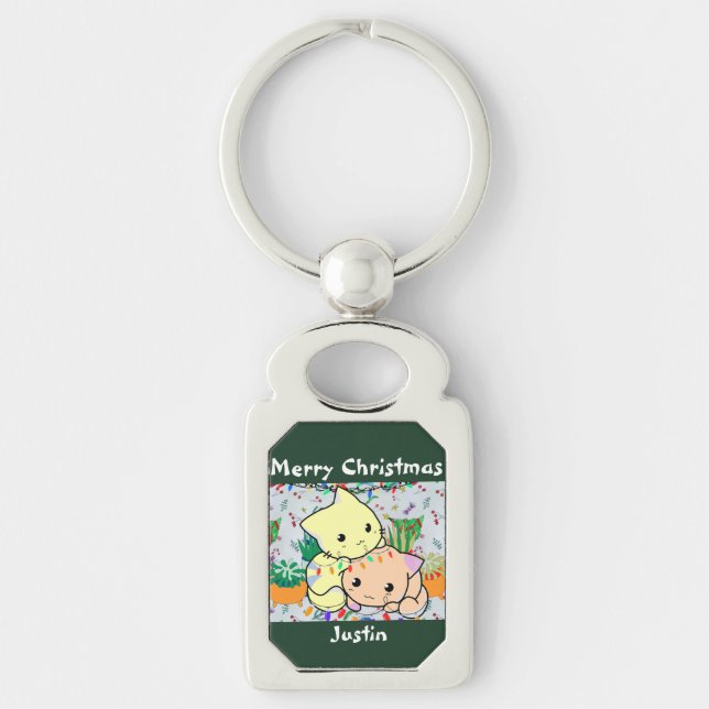 christmas cat cute, customise personalised text  key ring (Front)