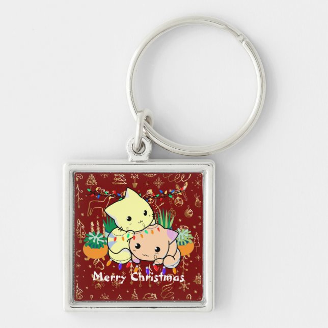 christmas cat cute, customise personalised text   key ring (Front)