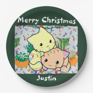 christmas cat cute, customise personalised text paper plate