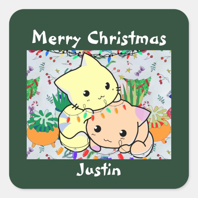christmas cat cute, customise personalised text square sticker (Front)