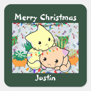 christmas cat cute, customise personalised text square sticker