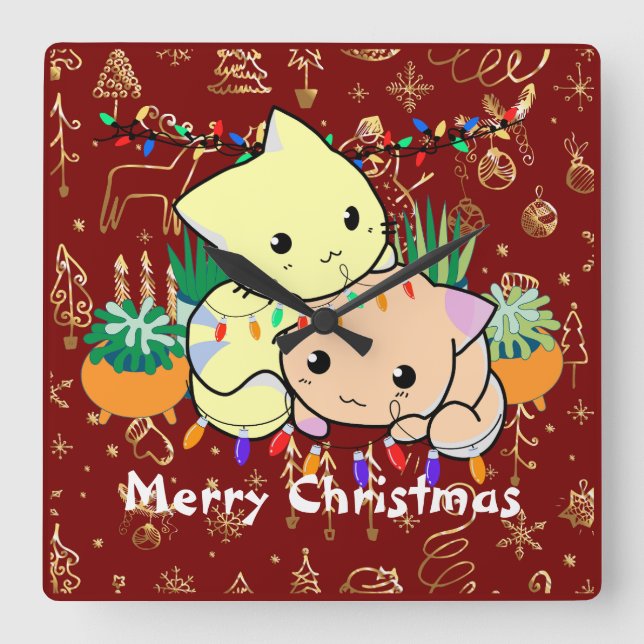 christmas cat cute, customise personalised text square wall clock (Front)