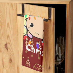 christmas cat cute, customise personalised text tea towel