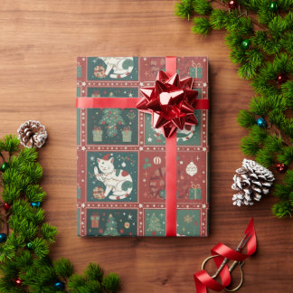 Christmas Cat Cute Holiday Kitty in Santa Hat with Wrapping Paper