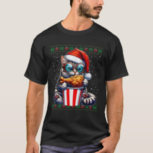 Christmas Cat Eating Fried Chicken Ugly Christmas  T-Shirt