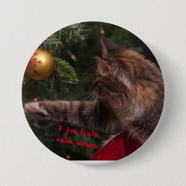 Christmas cat fixing tree pin back button (Front)