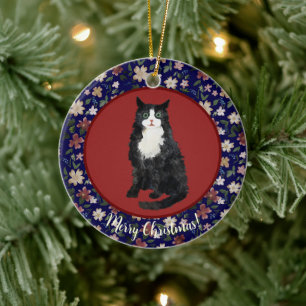 Christmas cat floral ceramic ornament