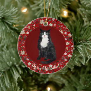 Christmas cat floral ceramic ornament