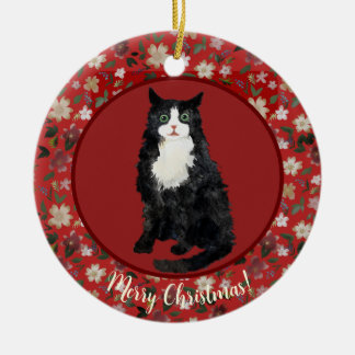 Christmas cat floral ceramic ornament