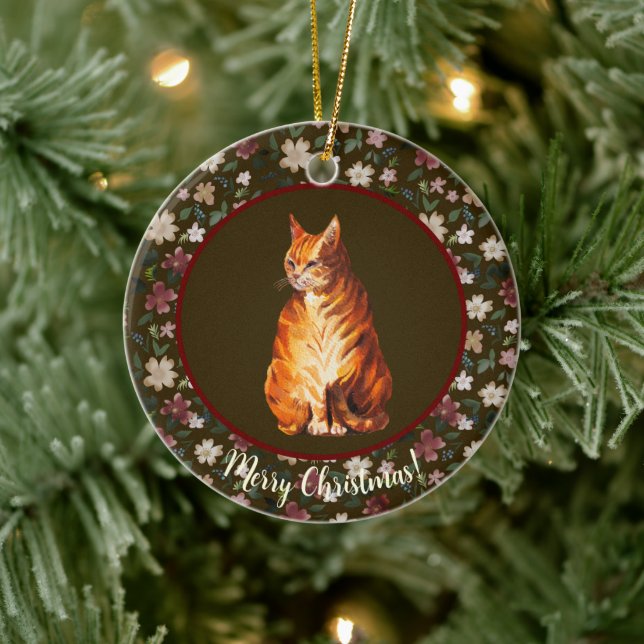 Christmas cat floral ceramic ornament (Tree)