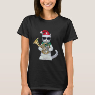 Christmas Cat French Horn Cool Holiday Music T-Shirt
