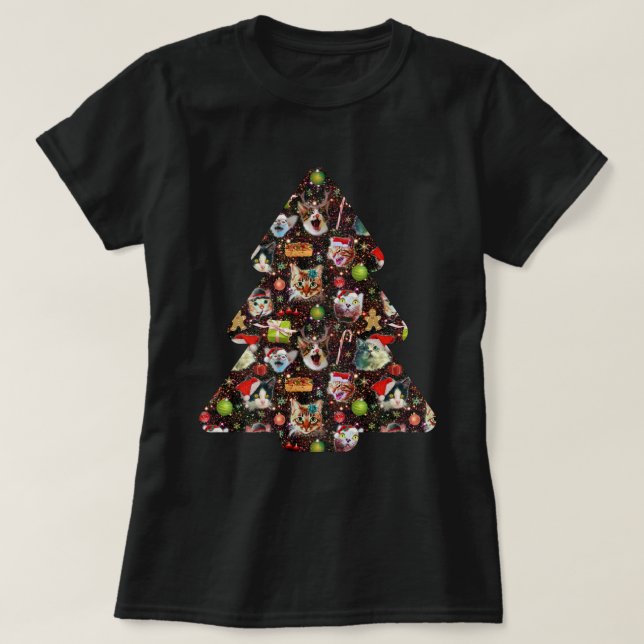 Christmas Cat Heads in Space Funny Tree Galaxy T-Shirt (Design Front)