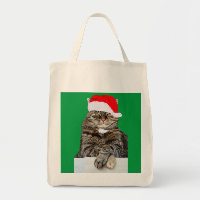 Christmas Cat Humbug Photo with Santa Hat Tote Bag (Front)