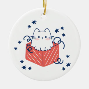 Christmas Cat in a Box with Snowflakes Ceramic Ornament