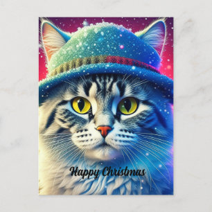 Christmas Cat in a Hat - editable name Holiday Postcard
