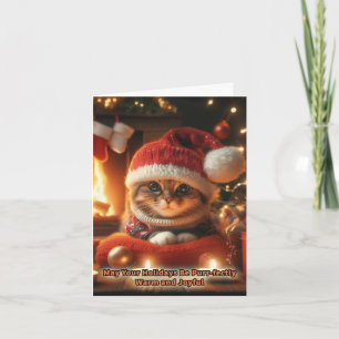Christmas Cat in Front of Fire Greeting Card