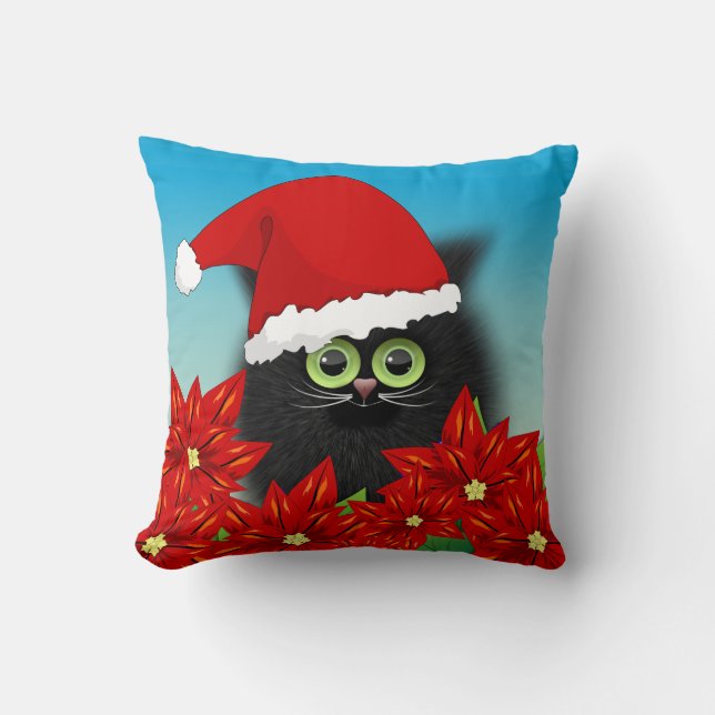 Christmas Cat in Santa Hat Amid Poinsettia Cushion (Front)