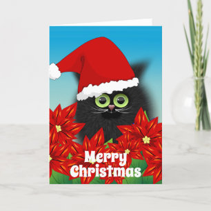 Christmas Cat in Santa Hat Amid Poinsettia Holiday Card