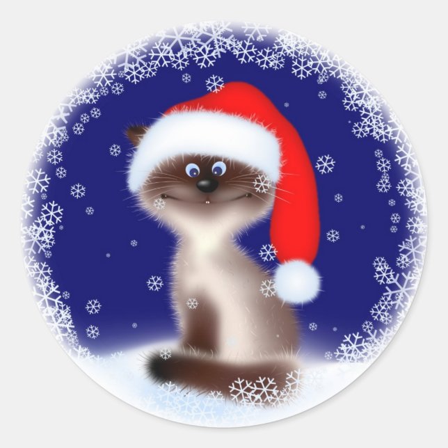Christmas Cat in Santa Hat Classic Round Sticker (Front)