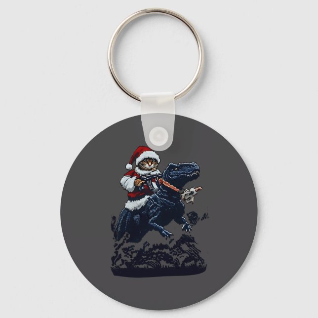 Christmas Cat In Santa Hat Holding A Gun And Dinos Key Ring (Front)