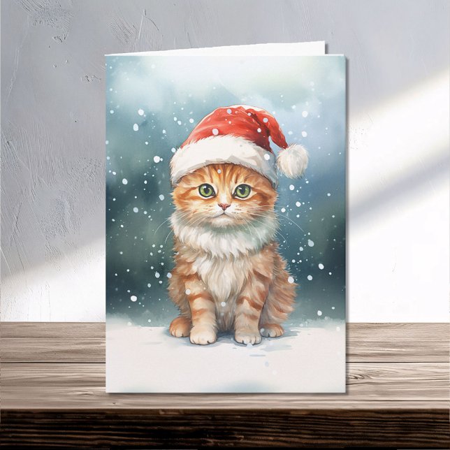 Christmas Cat in Santa Hat in Winter Family Card (Creator Uploaded)