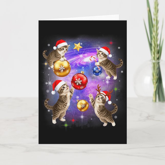 Christmas Cat In Space Meowy Xmas Ornaments Kitty  Card (Front)