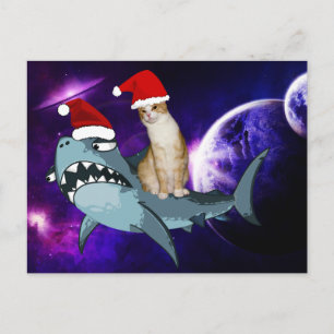 CHRISTMAS CAT IN SPACE RIDNG A SHARK POSTCARD