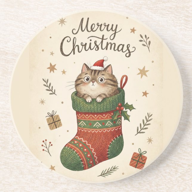 Christmas Cat in Stocking Coaster (Front)