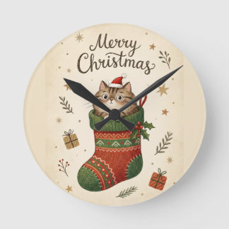 Christmas Cat in Stocking Round Clock