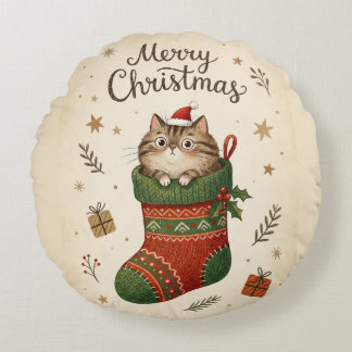 Christmas Cat in Stocking Round Cushion