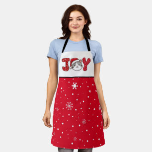 Christmas Cat "JOY" Red White Snowflake & Dots Apron