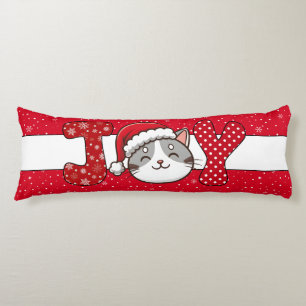 Christmas Cat "JOY" Red White Snowflake & Dots Body Cushion