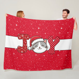 Christmas Cat "JOY" Red White Snowflake & Dots Fleece Blanket