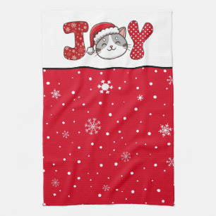 Christmas Cat "JOY" Red White Snowflake & Dots Tea Towel