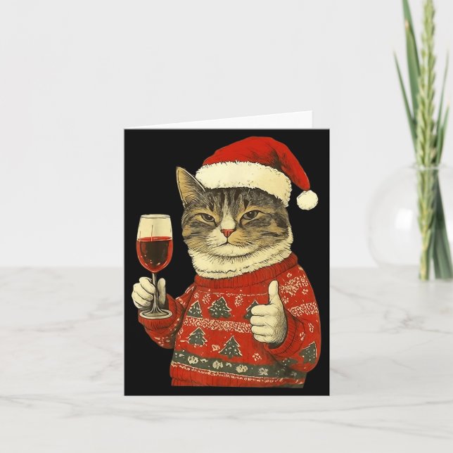 Christmas Cat Likes Cute Cat Drinking Wine With Sa Card (Front)